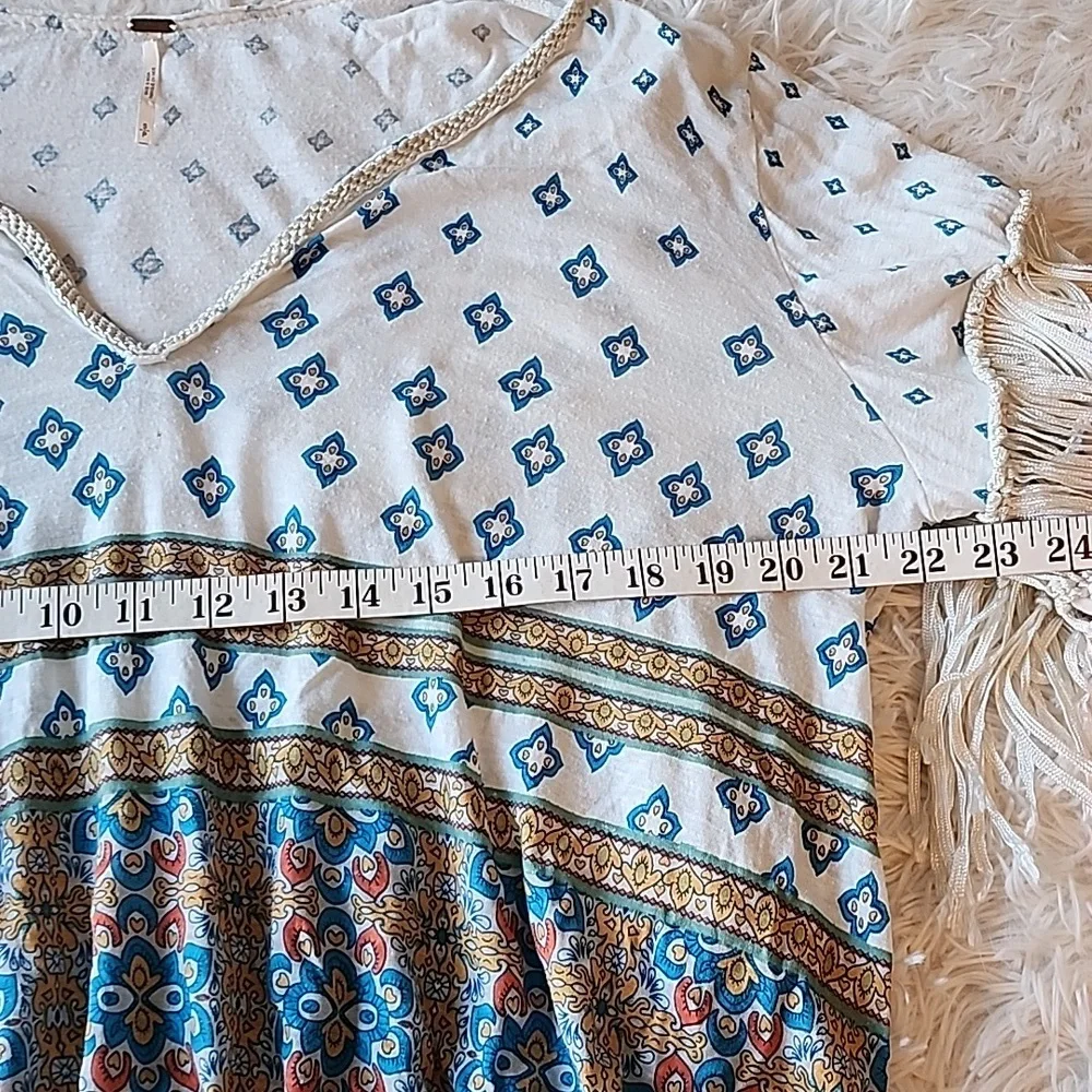 Free People Bohemian Fringe V-Neck Top - White and Blue
